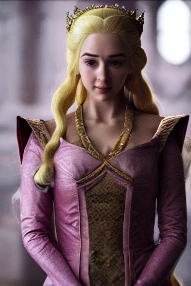 Image similar to very very intricate photorealistic photo of a realistic human version of princess peach in an episode of game of thrones, photo is in focus with detailed atmospheric lighting, award - winning details