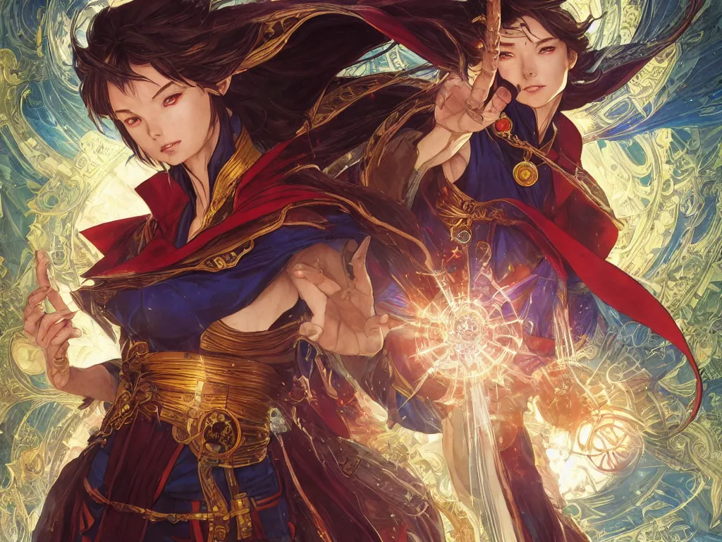 Image similar to anime key visual of one beautiful female doctor strange, marvel comics, spells, magic, intricate, inside magical temple stunning, highly detailed, digital painting, artstation, smooth, hard focus, illustration, art by artgerm and greg rutkowski and alphonse mucha