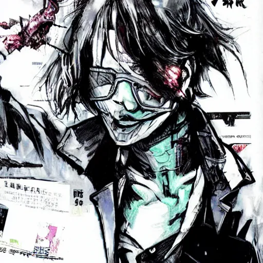 Prompt: yoji shinkawa and cyberpunk book worm.