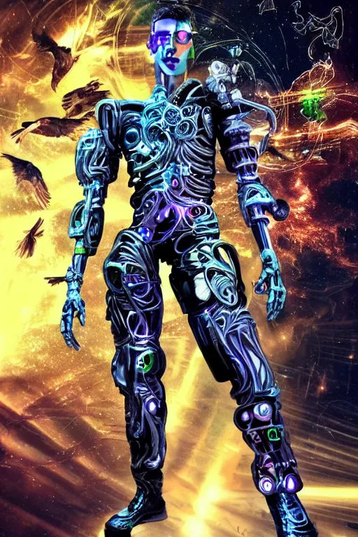 Prompt: full-body cyberpunk style chrome sculpture of a young handsome Latino prince as a half android with a chest opening exposing circuitry and electric sparks, glowing laser beam eyes, crown of giant diamonds, flowing neon-colored silk, fabric, raptors. baroque elements. full-length view. baroque element. intricate artwork by caravaggio. many many birds birds on background. Trending on artstation, octane render, cinematic lighting from the right, hyper realism, octane render, 8k, depth of field, 3D