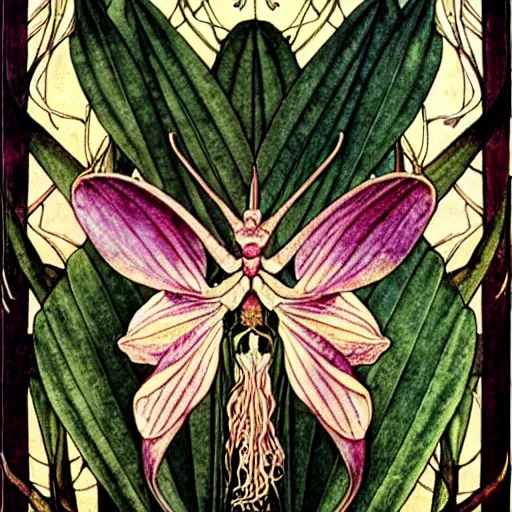 Image similar to potrait of an orchid mantis by William Morris and Carlos Schwabe, horizontal symmetry, exquisite fine details, Art Nouveau botanicals, deep rich moody colors