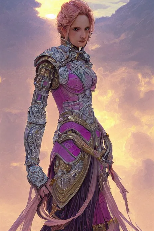 Prompt: portrait knights of Zodiac girl, metalic pink and pale violet reflected armor, in ruined Agora of Athens sunrise, ssci-fi, fantasy, intricate, very very beautiful, elegant, golden light, highly detailed, digital painting, artstation, concept art, smooth, sharp focus, illustration, art by tian zi and WLOP and alphonse mucha