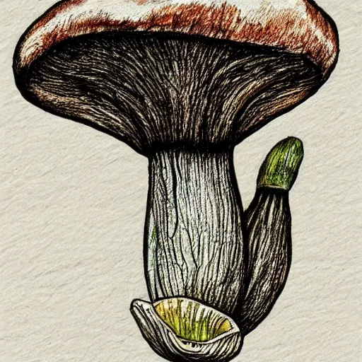 Prompt: boletus mushroom, pen and ink drawing, drawn by hand, cozy, natural colors, textured paper