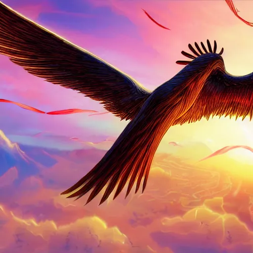 Image similar to a close - up shot of a phoenix flying over an island, golden hour, digital art, award - winning, hyper detailed, 4 k, smooth, sharp focus, trending