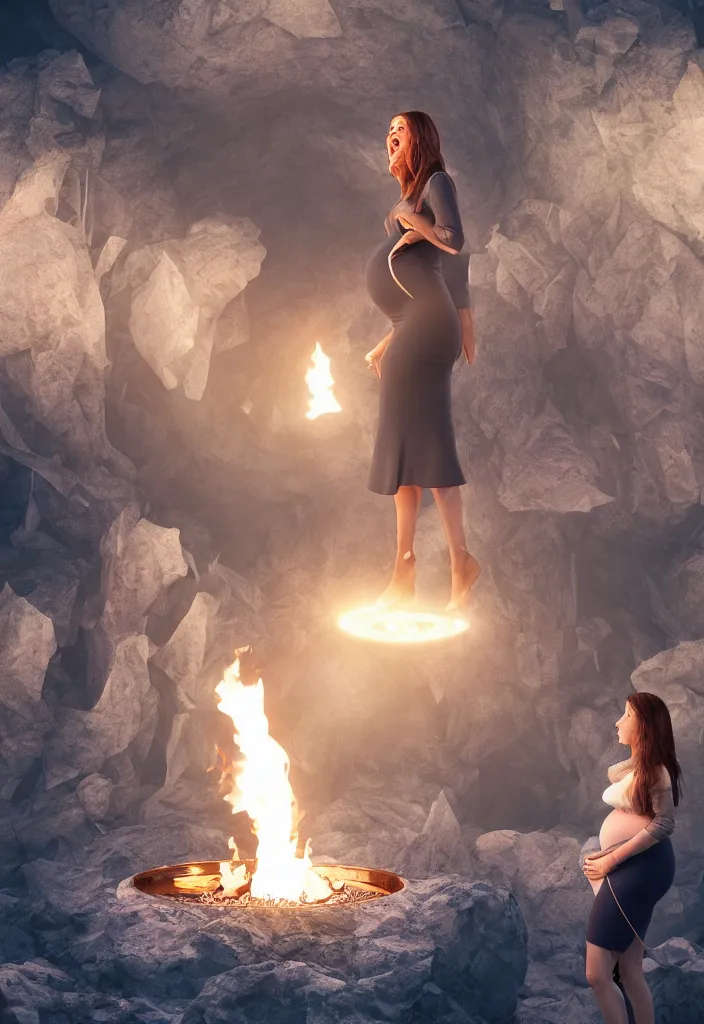 Prompt: pregnant woman making an epic speech with a technological fire pit, crowd hearing the pregnant woman, ice cave, facinating, fantasy digital art, octane render, beautiful composition, trending on artstation, award - winning photograph, masterpiece