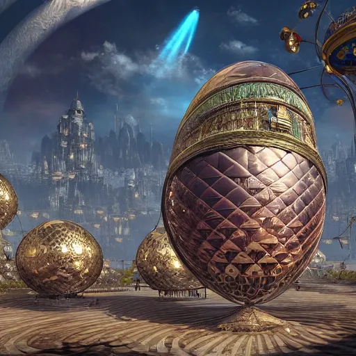 Image similar to enormous flying city in a faberge egg, sky, steampunk, fantasy art, unreal engine,