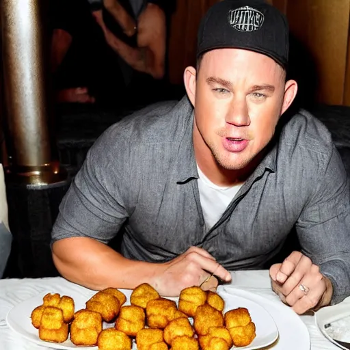 Prompt: channing tatum has a giant tater tot head, tater tot on plate, food photo