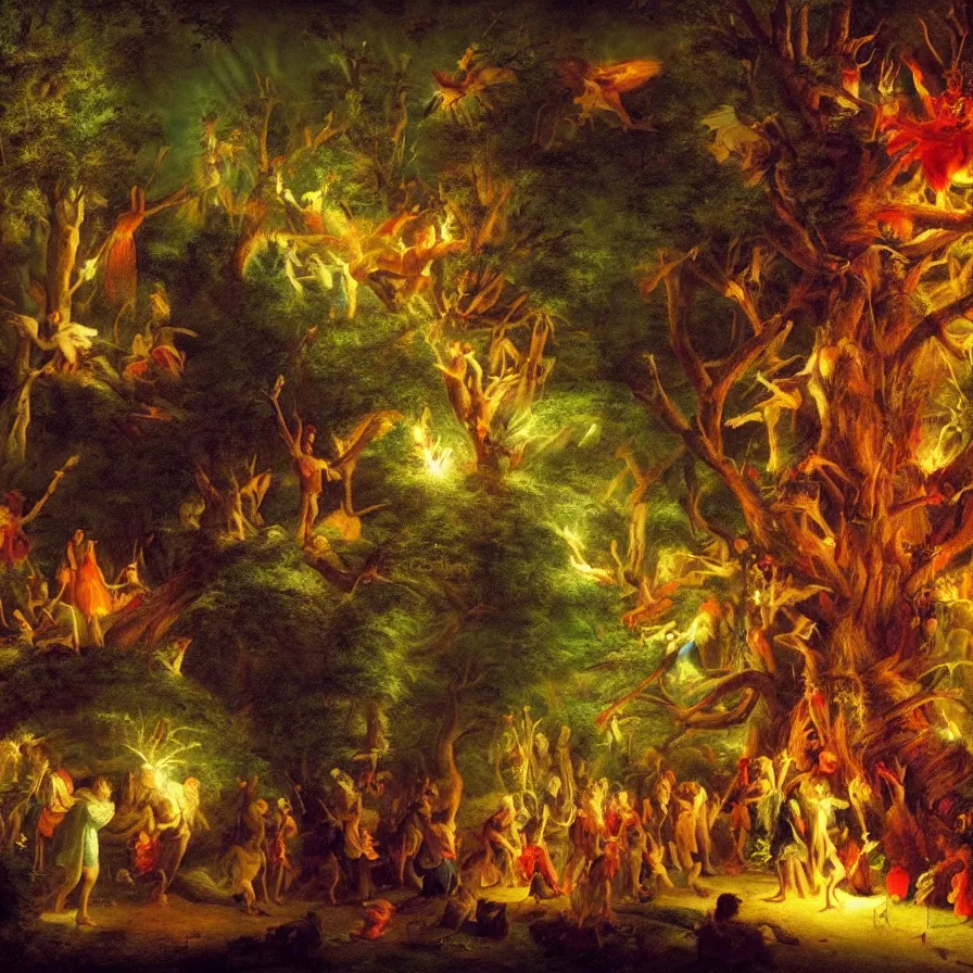 Image similar to closeup of a night carnival inside a tree cavity in a magical forest in the middle of a summer storm, with a music scenario with many fireworks and christmas lights, volumetric lightning, instense god rays in the sky, folklore people disguised with fantastic creatures in a magical forest by summer night, masterpiece painted by ary scheffer, very coherent and colorful high contrast masterpiece,