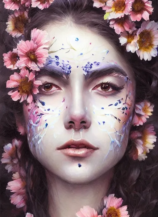 Image similar to a woman with her face painted. face painting of flowers. beautiful highly detailed face. painting by artgerm and greg rutkowski and magali villanueve.