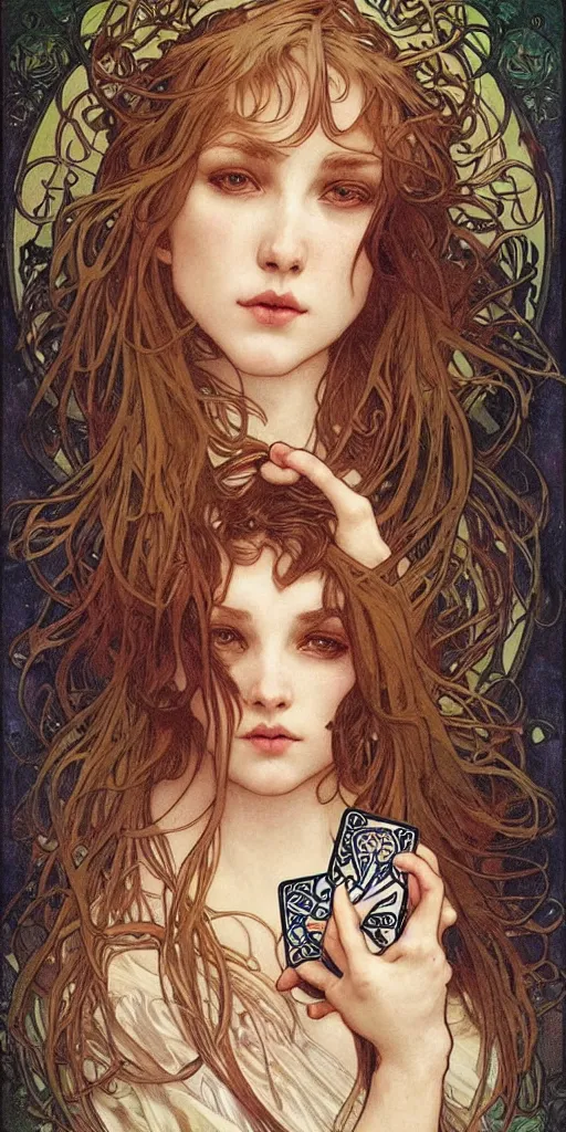 Prompt: realistic detailed face portrait of only one werewolf by Alphonse Mucha, Ayami Kojima, Amano, Charlie Bowater, Karol Bak, Jean Delville, Art Nouveau, Neo-Gothic, gothic, portrait of Mia Farrow, playing card suit hearts, playing cards, rich deep moody colors