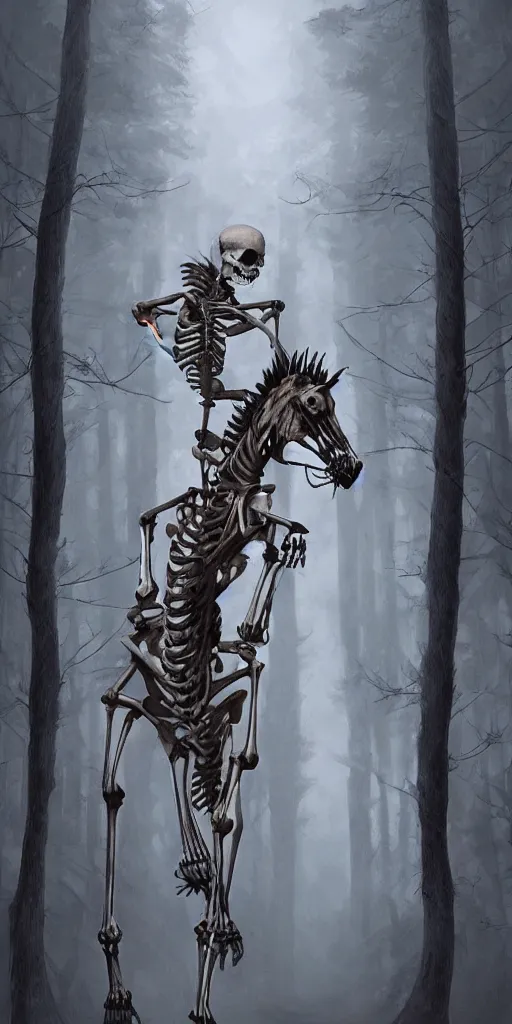 Prompt: a really beautiful digital painting of a skeleton riding a skeleton horse through a pine forest