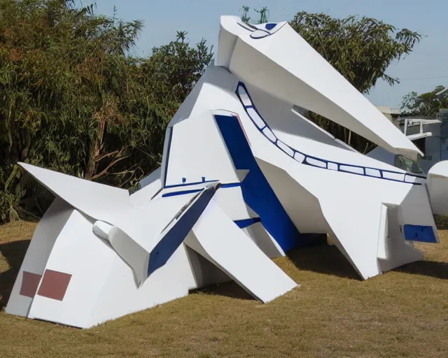 Prompt: photo of minimalist abstract cubist sculpture of curvy spaceship with random small mecha mayan decorations, covered with few large white airplane parts with windows and doors, large size as relief 3 d mural