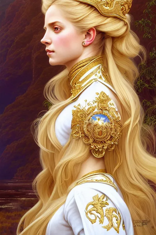 Image similar to portrait of a humanoid princess with long blonde hair, standing next to a beautiful view, ornate white officers outfit with gold embellishments, intricate, elegant, highly detailed, digital painting, artstation, concept art, smooth, sharp focus, illustration, art by artgerm and greg rutkowski and alphonse mucha, 8 k