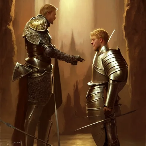 Image similar to attractive arthur pendragon and his favourite attractive male knight, they are in love, camelot, natural lighting, path traced, highly detailed, high quality, digital painting, by gaston bussiere, craig mullins, j. c. leyendecker