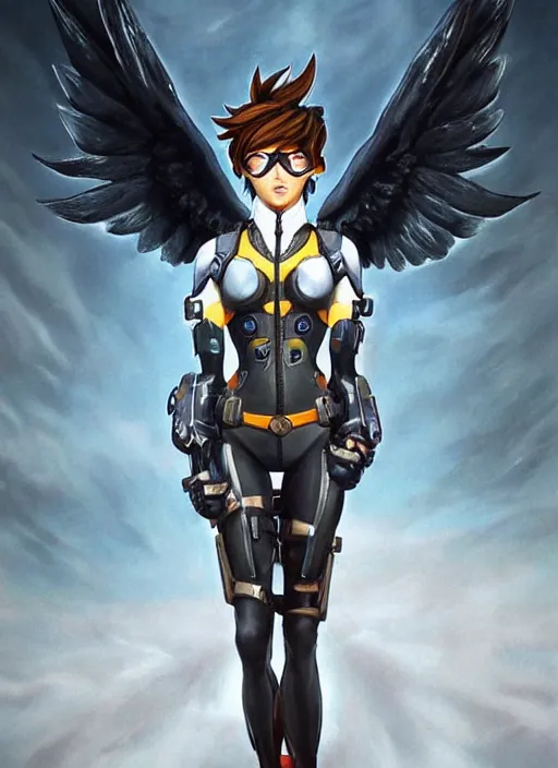 Image similar to full body artwork of tracer overwatch, wearing leather outfit, in style of zdzisław beksinski, angel wings, dramatic painting, symmetrical composition, wearing detailed steel collar, black shiny armor, chains, black harness, detailed face and eyes,