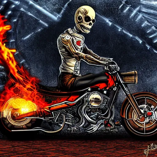 Prompt: Ghost Rider riding motorcycle through the gates of hell, detailed digital art,