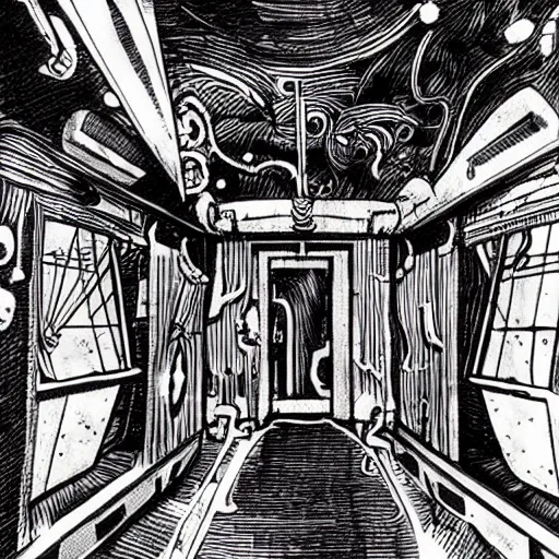 Image similar to the interior of a haunted space ship, horror style