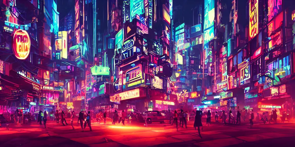 Prompt: a still of a busy cyberpunk city from a gorillaz music video, night, cool blues, holograms and neon signage, dramatic lighting, vibrant, 2 d game environment design, behance favourite, global illumination, bloom,