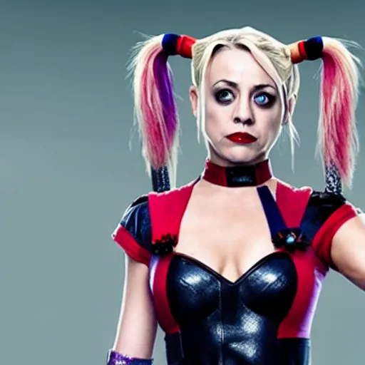 Image similar to A still of Kaley Cuoco as Harley Quinn