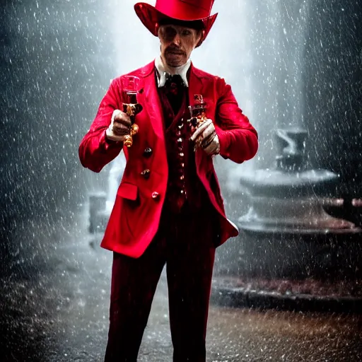 Image similar to cinestill 5 0 d candid photographic portrait by david cronenberg of baroque steampunk cyborg gentleman wearing a red edwardian suit and top hat, floral growths, modern cyberpunk moody emotional cinematic, closeup, pouring rain menacing lights shadows, 8 k, hd, high resolution, 3 5 mm, f / 3 2, ultra realistic faces, ex machina