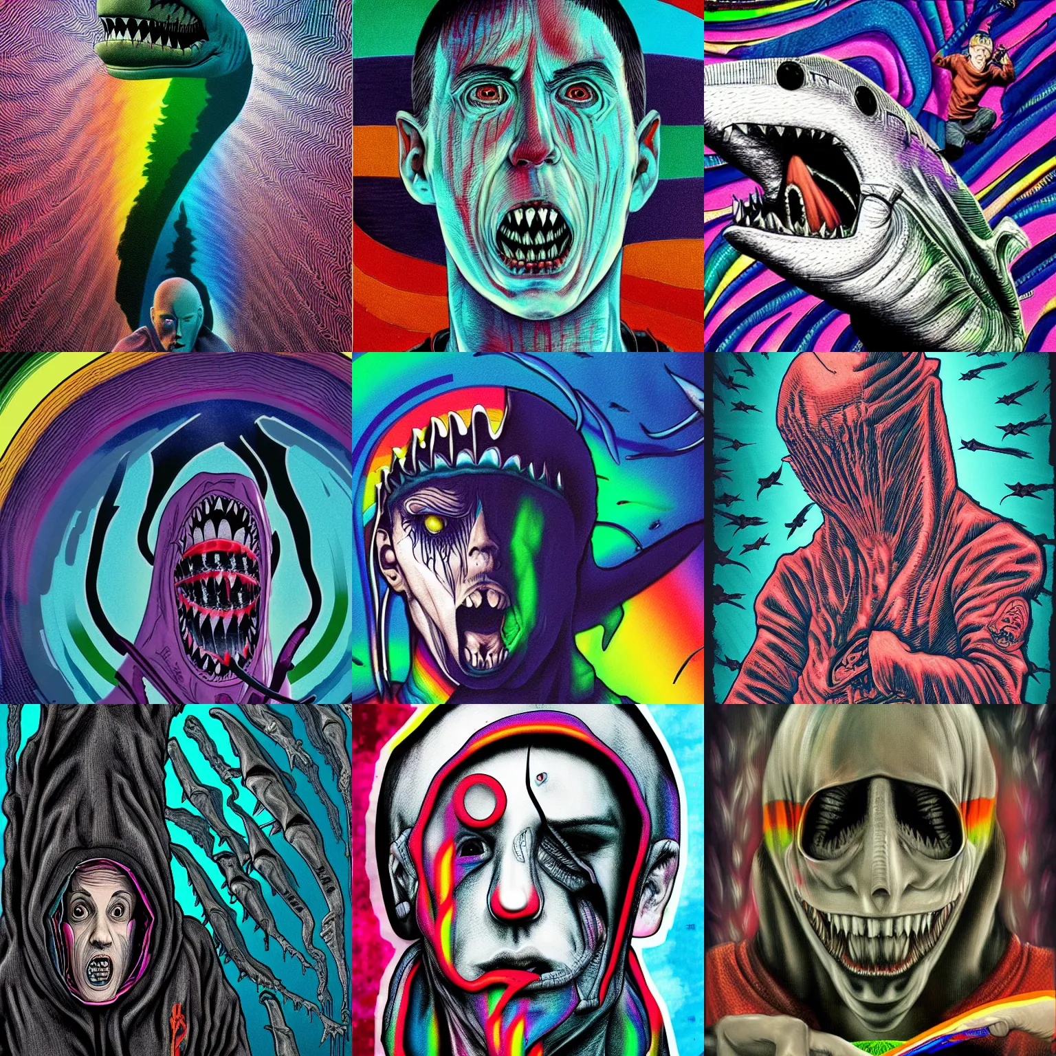 Prompt: eminem disguised as a shark in the style of junji ito and kubrick and giger, rainbow color scheme, ornate, photosynthetic,8k,award winning art,