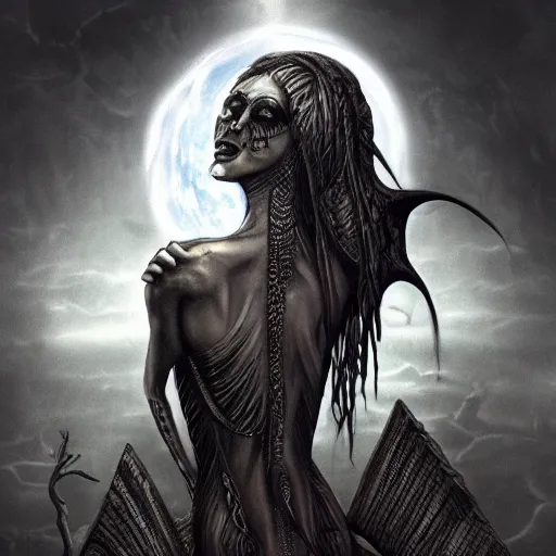 Prompt: concept art illustration of a freaky goddess with a dark moon in the far distance by HR giger, trending on artstation, 8k