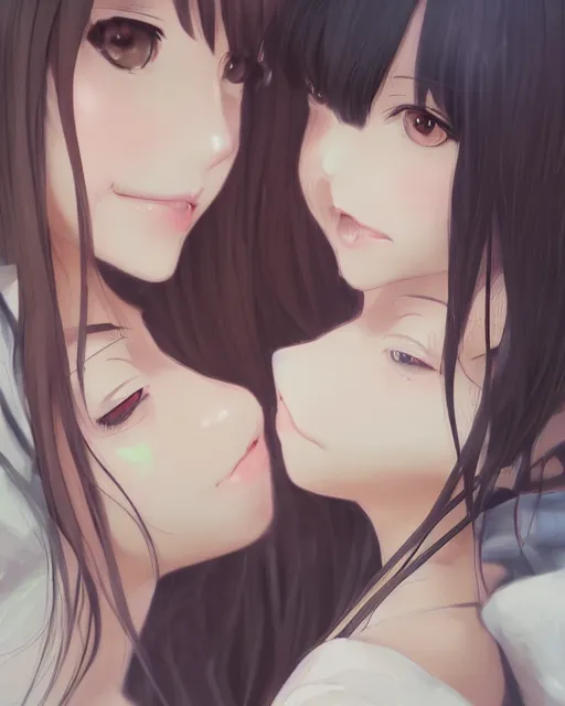 Image similar to portrait of two girls kissing, anime, drawn by WLOP, trending on Artstation