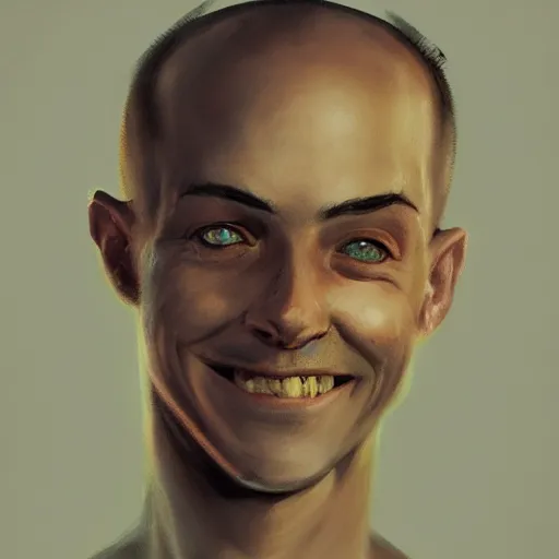 Image similar to a head - on detailed oil portrait of a friendly round - faced bald male monk with a friendly smile, by charlie bowater, lise deharme, wlop, trending on artstation, dungeon and dragons art, critical role