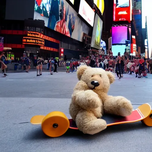 Image similar to a teddy bear on a skateboard in times square