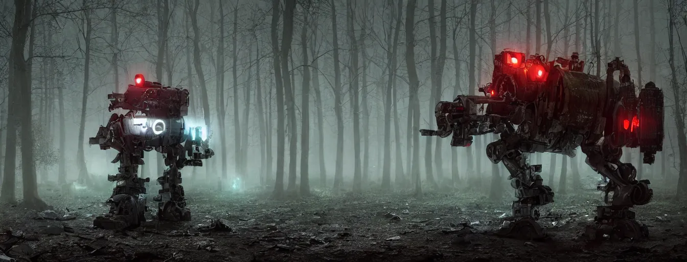 Prompt: detail view on heavy angry army robot just hunted remaining human in dark foggy old forest in the night, postapo, dystopia style, heavy rain, reflections, high detail, horror dramatic moment, motion blur, dense ground fog, dark atmosphere, saturated colors, by darek zabrocki, render in unreal engine - h 7 0 4