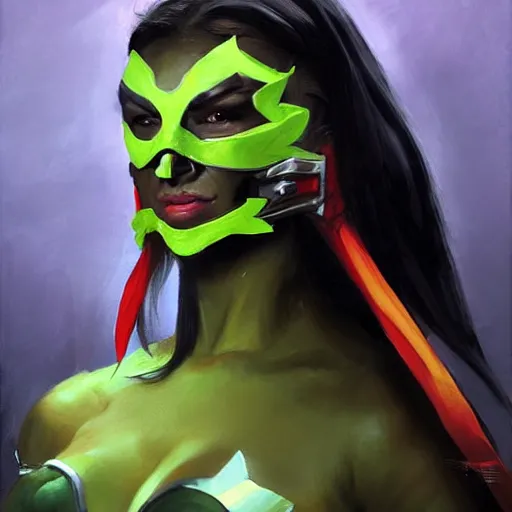 Image similar to greg manchess portrait painting of jade from mortal kombat wearing a halfmask as overwatch character, medium shot, asymmetrical, profile picture, organic painting, sunny day, matte painting, bold shapes, hard edges, street art, trending on artstation, by huang guangjian and gil elvgren and sachin teng