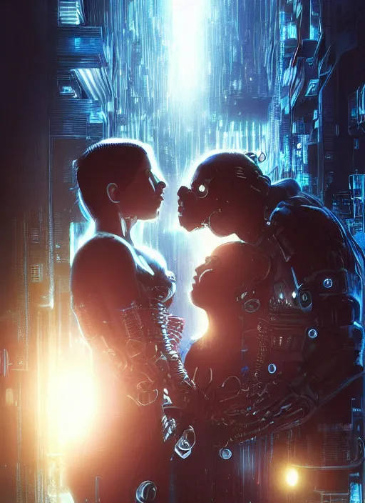 Image similar to ultra realistic medium shot of a couple of cyborgs kissing, lovers, cyberpunk, sci - fi, fantasy, kodak, photorealistic illustration, colour led, soft light, volumetric lighting, night, intricate, highly detailed, digital painting, concept art, smooth, sharp focus, illustration, art by artgerm and greg rutkowski and alphonse mucha