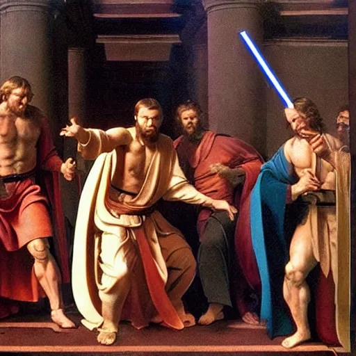 Prompt: huge muscular jedi master obi - wan kenobi preaching to his disciples, renaissance painting, michelangelo, star wars smooth, sharp focus, elegant, powerful, hyper detailed