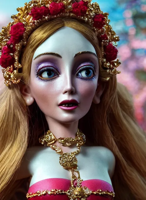 Prompt: closeup face profile portrait of tin toy sharon tate as a fairytale princess wearing a crown eating cakes, bikini, depth of field, zeiss lens, detailed, symmetrical, centered, fashion photoshoot, by nicoletta ceccoli, mark ryden, lostfish, breathtaking, 8 k resolution, extremely detailed, beautiful, establishing shot, artistic, hyperrealistic, octane render