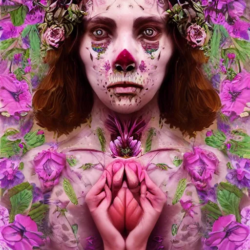 Prompt: A very detailed horrifying portrait painting of the flower princess, floral patterned skin, 8k, trending on artstation cgsociety, masterpiece, in the style of DiscoDiffusion.