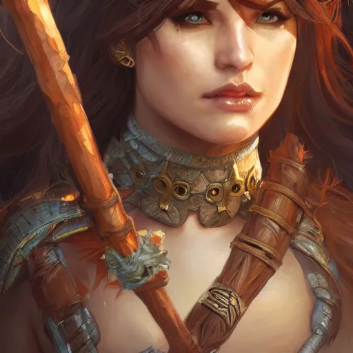 Image similar to Female barbarian closeup, D&D, fantasy, intricate, elegant, highly detailed, digital painting, trending on artstation, concept art, illustration, art by Artgerm and Greg Rutkowski and Alphonse Mucha