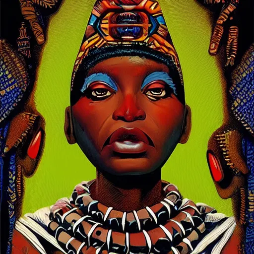 Prompt: Afrofuturism detailed aesthetic horror portrait painting titled 'Face of grief' description 'Order of the occult zulu princess' portrait, character design, worn, dark, extremely high detail, photo realistic, pen and ink, intricate poster design by Jamie Hewlett,