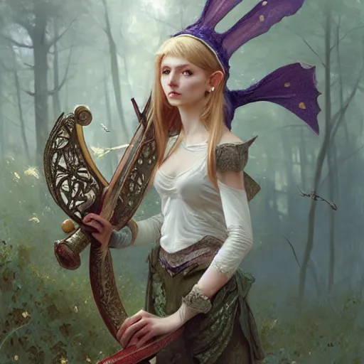 Image similar to elf fairy with a lute wearing a cardigan, blonde, highly detailed, intricate, digital painting, artstation, sharp focus, illustration, art by jakub rozalski, greg rutkowski, artgerm, tan zi and ayanamikodon and alphonse mucha and wlop