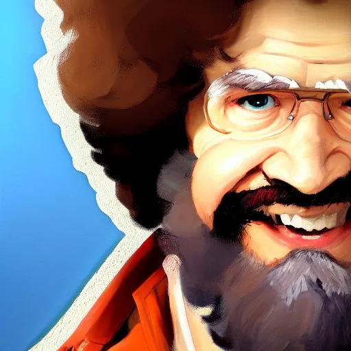 Image similar to Greg Manchess portrait painting of Bob Ross as Overwatch character, wacky, medium shot, asymmetrical, profile picture, Organic Painting, sunny day, Matte Painting, bold shapes, hard edges, street art, trending on artstation, by Huang Guangjian and Gil Elvgren and Sachin Teng