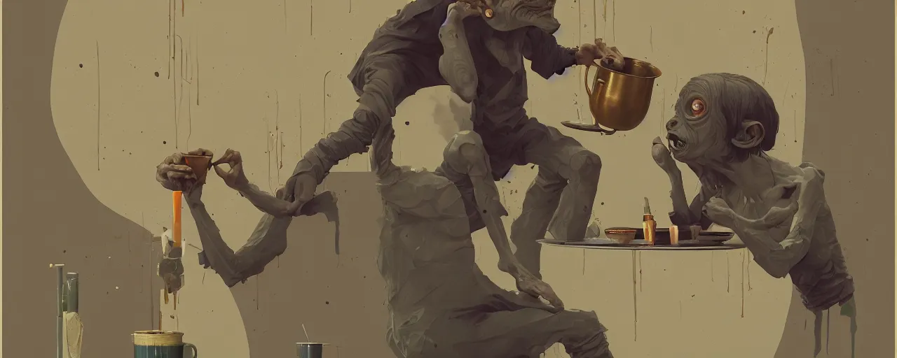 Image similar to duotone olive illustration 3 / 4 portrait of gollum drinking cup of coffee symmetrical composition accidental renaissance golden ratio. by sachin teng and sergey kolesov and ruan jia and heng z. graffiti art, scifi, fantasy, hyper detailed. octane render. concept art. trending on artstation