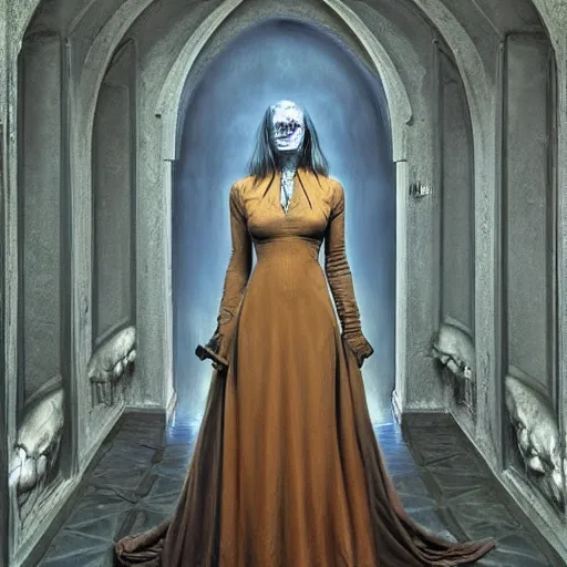 Image similar to vladimir putin maid dress, horror, macabre art mausoleum, stuning 3 d render, masterpiece, dark, by donato giancola and greg rutkowski and wayne barlow and zdzisław beksinski, realistic face