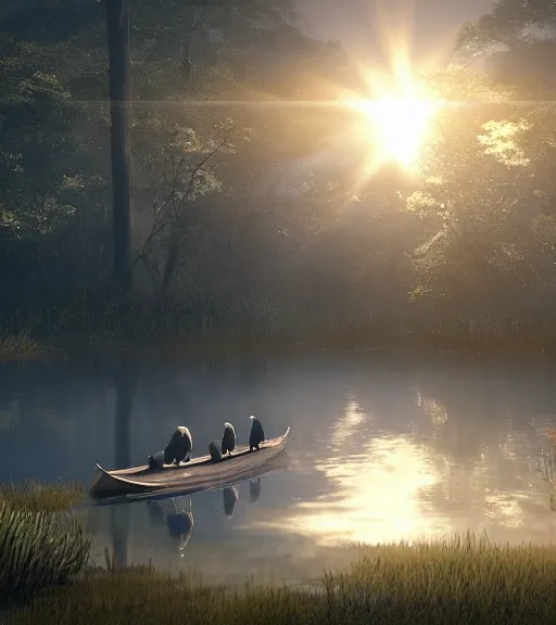 Image similar to three humans in a boat with a reflection of three crows in the chilean swamp, volumetric lighting, fog, majestic light, octane render, ethereal glare of the sun, hyperrealistic, epic, masterpiece, by makoto shinkai