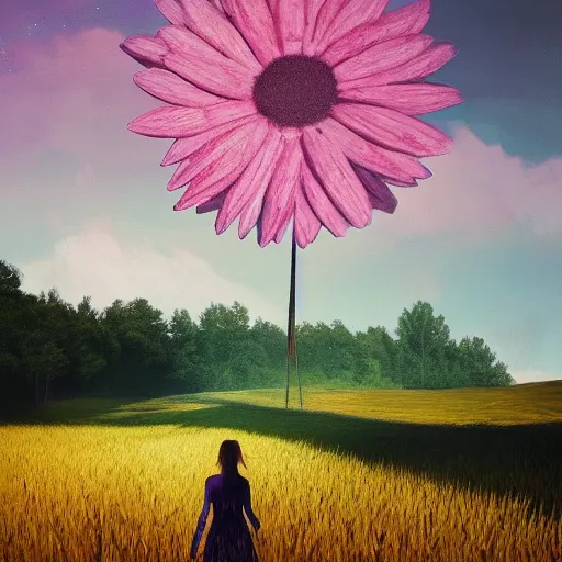 Prompt: giant pink daisy flower head, girl walking in wheat field, hills, surreal photography, dark night, star trails, dramatic light, impressionist painting, clouds, digital painting, artstation, simon stalenhag