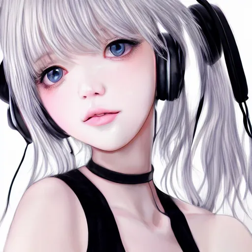 Image similar to realistic detailed semirealism beautiful gorgeous natural cute excited happy Blackpink Lalisa Manoban white hair white cat ears blue eyes, wearing black camisole outfit, headphones, black leather choker artwork drawn full HD 4K high resolution quality artstyle professional artists WLOP, Aztodio, Taejune Kim, Guweiz, Pixiv, Instagram, Artstation