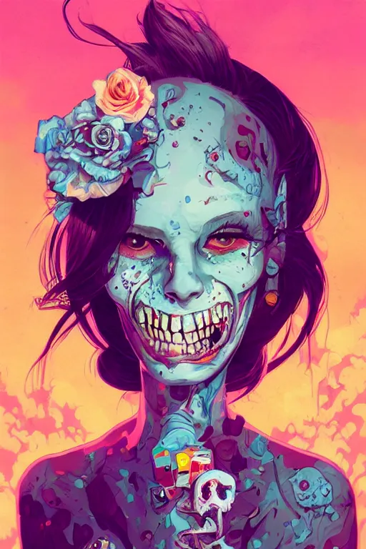 Image similar to a zombie girl smiling cute, Tristan Eaton, victo ngai, artgerm, RHADS, ross draws