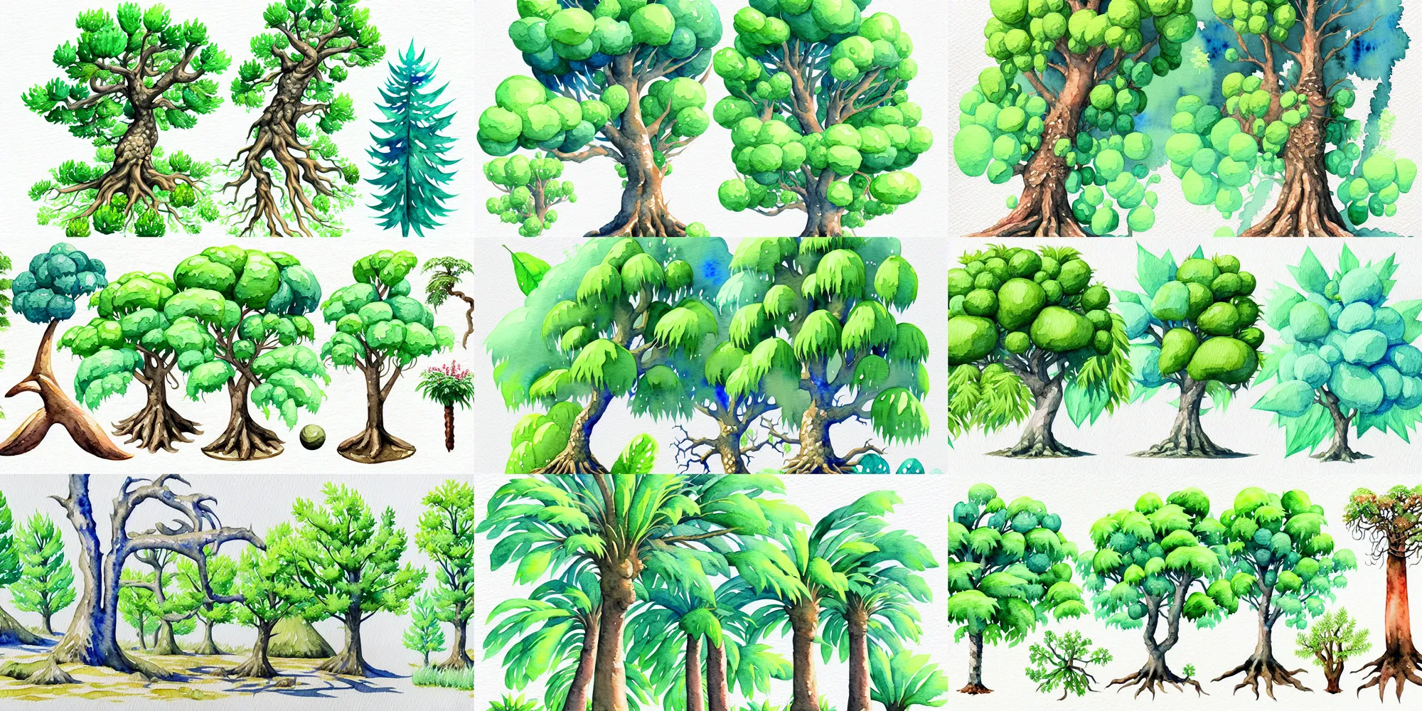 Prompt: game asset of plant and tree, in watercolor gouache detailed paintings