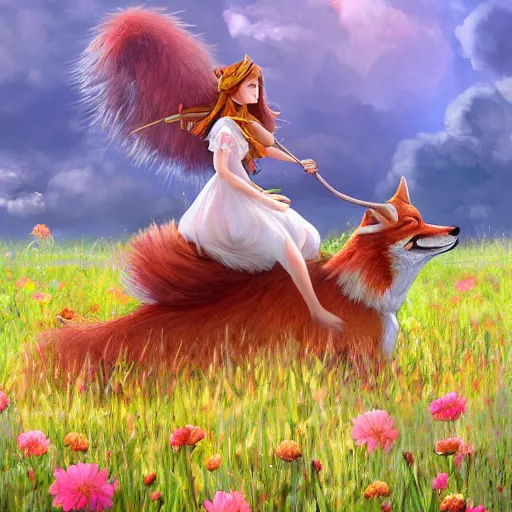 Image similar to girl riding a giant fox in a field of flowers, trending on artstation