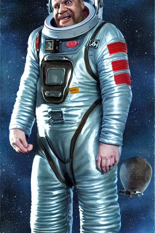 Image similar to portrait of willem defoe as a fat man wearing leather spacesuit, nebula space background and spaceship, illustration by normal rockwell, jacob collins, artstation character art, john berkey, greg rutkowski