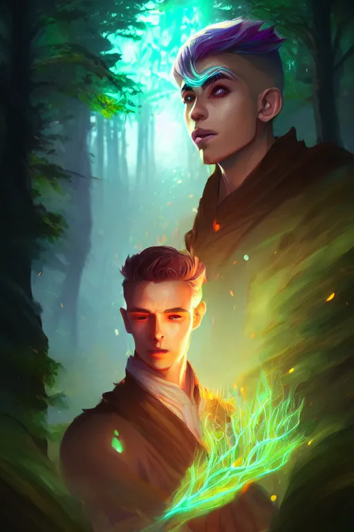 Prompt: a human elemental sorcerer, forest environment background, colorful magic effects, white skin, portrait, male, clothed, sharp focus, digital art, concept art, trending on artstation, dynamic lighting, by emylie boivin and rossdraws