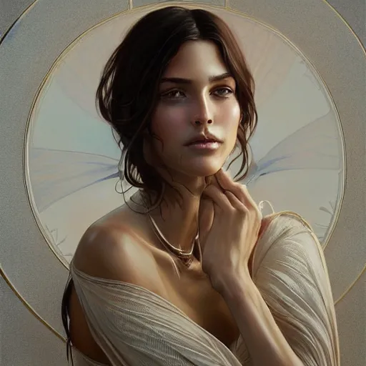 Image similar to Australian Supermodel, olive skin, long dark hair, beautiful bone structure, intricate, elegant, highly detailed, digital painting, artstation, concept art, smooth, sharp focus, illustration, art by artgerm and greg rutkowski and alphonse mucha